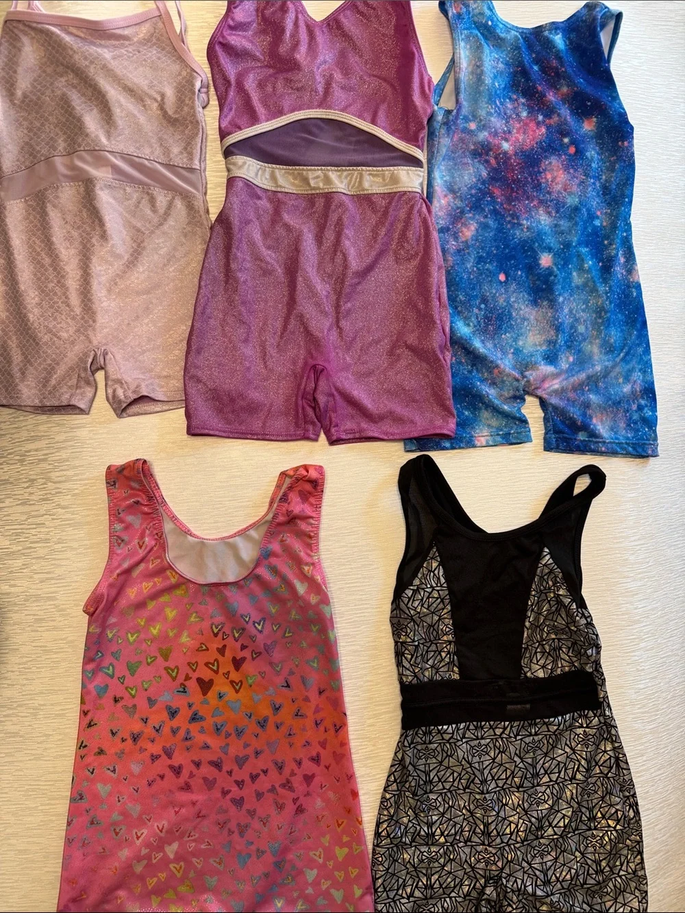 Lot of 5 Girls' Gymnastics Leotard Rompers - Pink, Purple, Blue, Black